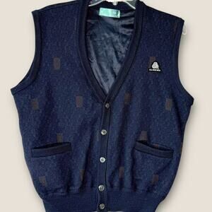 Vintage Woolmark Hiko 100% Wool Knit Buttoned Sweater Vest Men Size L Dark Navy